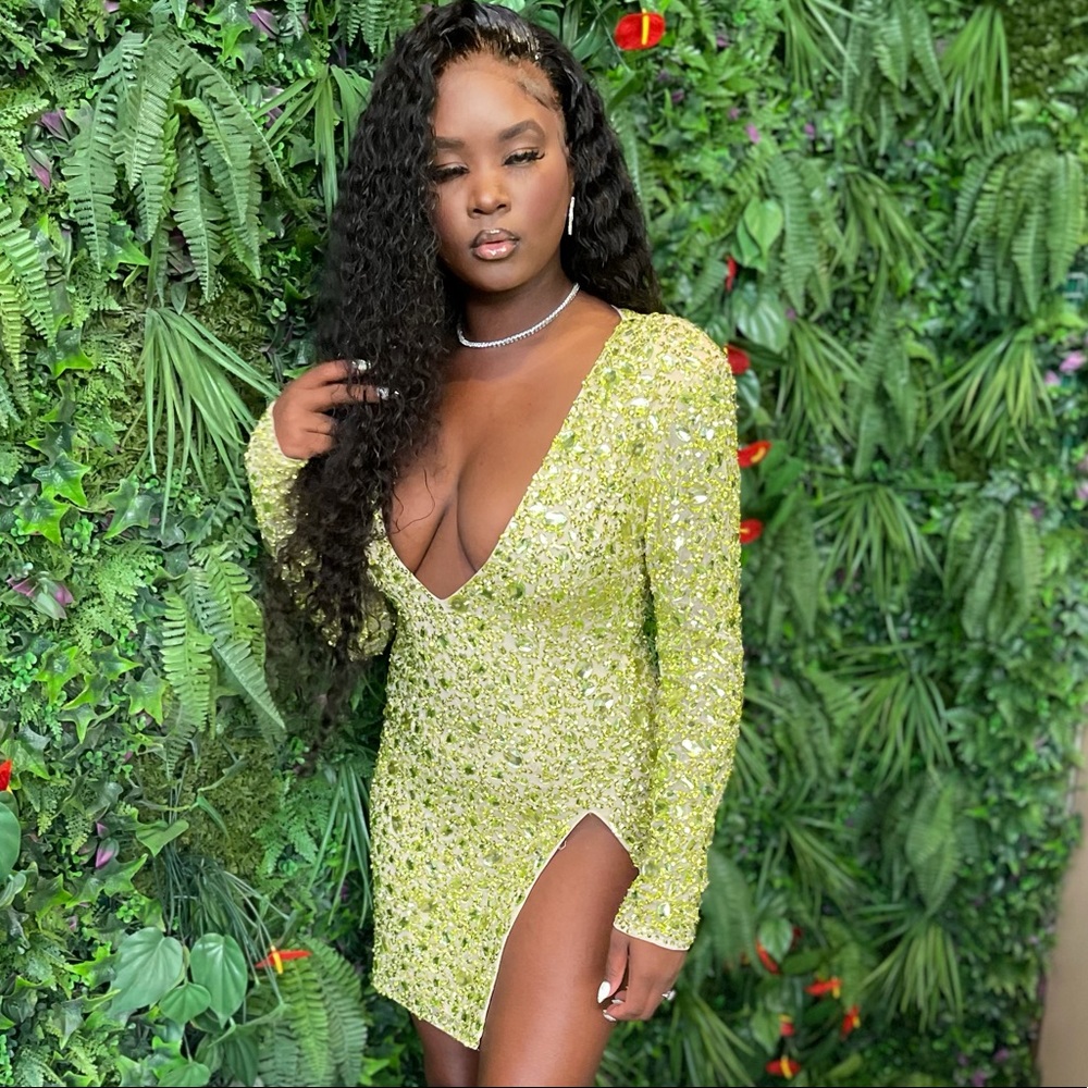 Lime Premium Embellished Plunge Long Sleeve Bodycon Dress